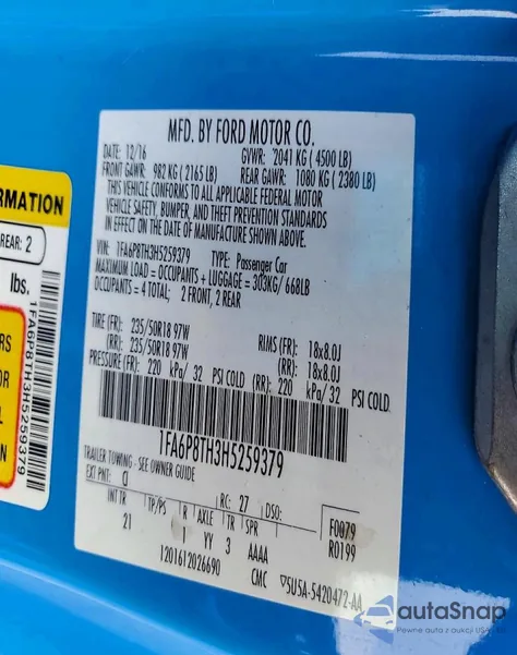 2017 Ford Mustang z USA, uszkodzony, nr VIN 1FA6P8TH3H5259379